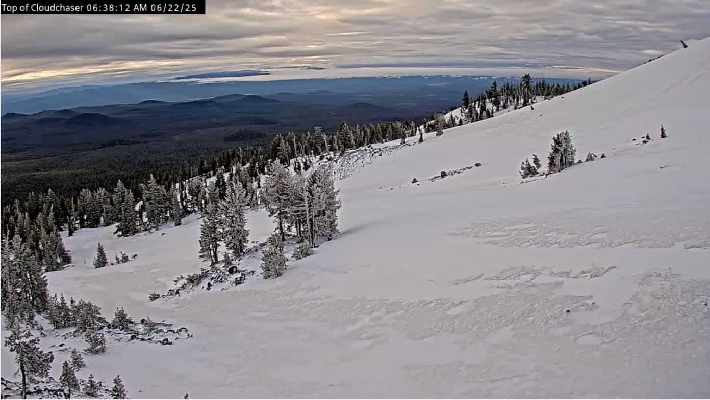 Rare summer snow for Mount Bachelor. | Photo: Mount Bachelor webcam screenshot